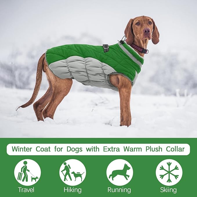 FUAMEY Dog Coat for Large Dogs,Waterproof Dog Winter Jacket with Harness Built in Puppy Cold Weather Coats Reflective Pet Vest with Zipper Warm Fleece Dogs Snowsuit Windproof Green L