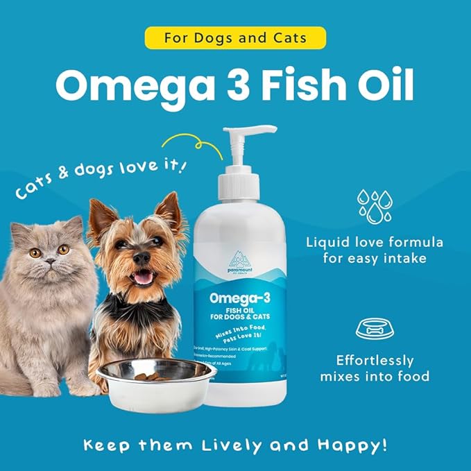 Wild-Caught Omega 3 Fish Oil for Dogs & Cats, Liquid EPA DHA Supplement for Skin, Coat, Joints & Heart, Low-Odor Omega 3 Drops for Small Dog Breeds & Cats with Itchy Skin, 16 oz