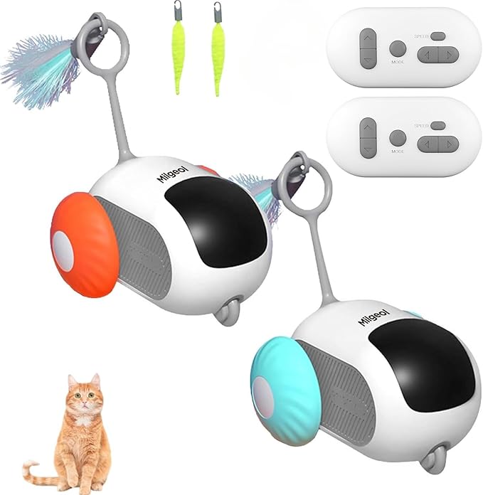 Turbo Tail 3.0 Interactive Cat Toy - Smart Remote Control Electric Mouse with Feathers, 3 Play Modes (Smart/Manual/Standby), Auto Obstacle Avoidance, Type-C, 8H Playtime - Blue & Orange