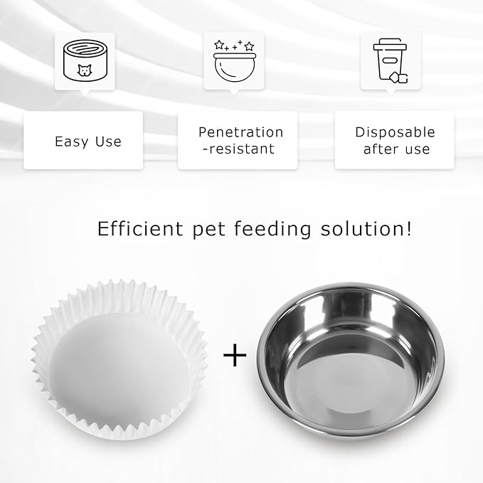 Disposable Cat Food Bowl Set (300 Pcs Small Paper Bowls + 2 Pcs Stainless Steel Pet Bowls) Dog Disposable Bowls Disposable Cat Plates for Wet Food Pet Food Bowl for Pet Feeding Station(White)