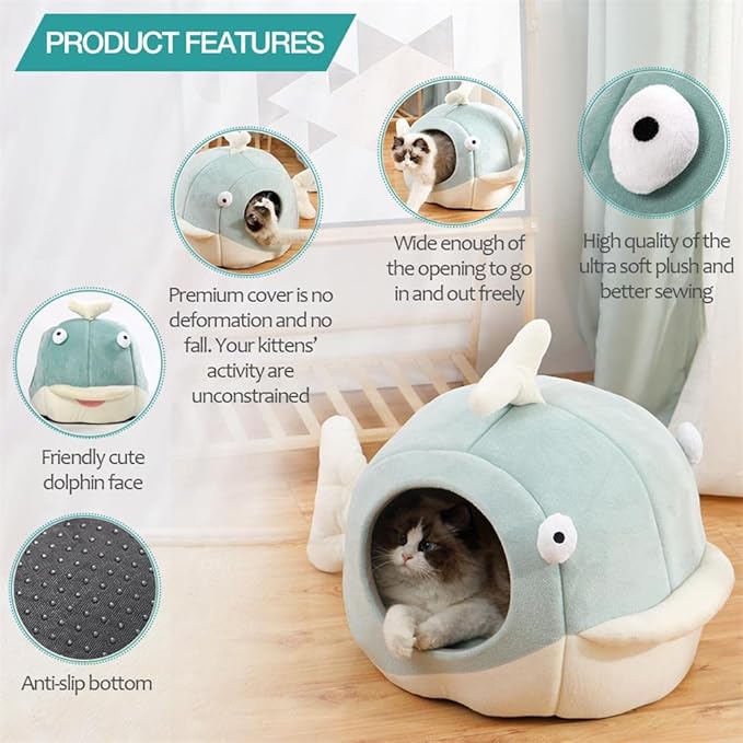 Lcybem Cat Beds for Indoor Cats - Cat Bed Cave with Removable Washable Cushioned Pillow, Calming Cozy Soft Cat Cave, Cute Friendly Dolphin Cat Houses for Indoor Cats No Deformation Pet Bed, M