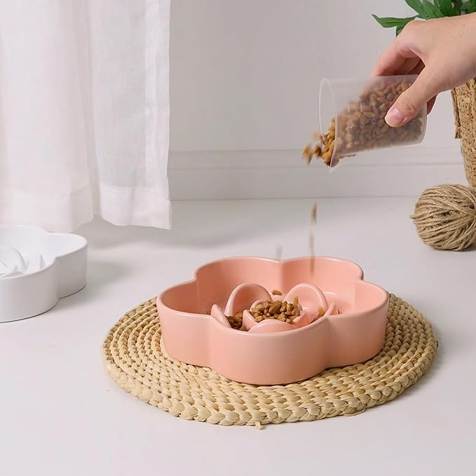 Ceramic Slow Feeder Dog Bowl, Anti-Choking Slow Food Bowls, 8" 11.3oz Slow Feeder for Medium, Large Breeds, Plum Puzzle Design, Non-Slip Silicone, Dishwasher and Microwave Safe, Pink