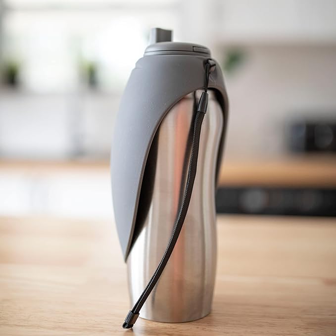 Messy Mutts Stainless Steel Travel Water Bottle with Silicone Flip Up Bowl | Pet Travel Necessity | Camping, Hiking, Walking Accessory | 24 oz / 700mL | Grey