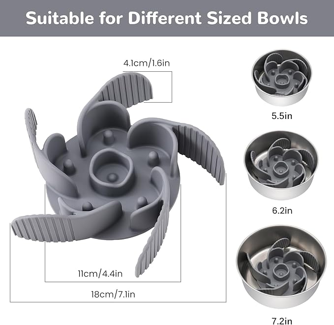 MateeyLife Cuttable Slow Feeder Dog Bowls Insert with Suction Cups for Medium & Large Dogs to Slow Down Eating– Fits Metal & Ceramic Bowls(Gray)