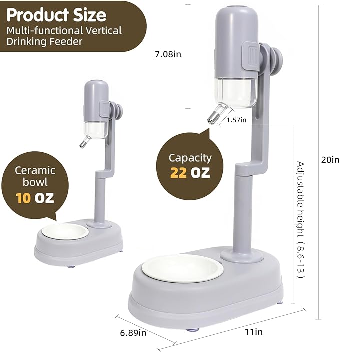 Pet Standing Water Dispenser Cat Dog Standing Ceramic Bowl Automatically Feeding Water Height Adjustable Detachable Pole (White-Pink, Large)