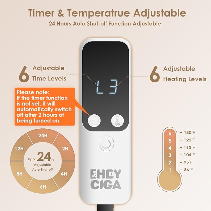 EHEYCIGA Heated Cat Bed Indoor, 6 Adjustable Temperature Dog Cat Heating Pad with Timer, Pet Heating Pad for Cats with Chew Resistant Cord, Waterproof Cat Heating Pad for Winter, 28"x16", Grey
