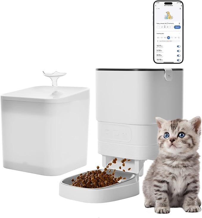 Automatic cat Feeder and Water Fountain,4L WiFi Dry Auto Pet Food and 2.2L Water Dispenser Set,Small Timed Self Feed Smart APP Feeding Stainless Steel Bowl(White)