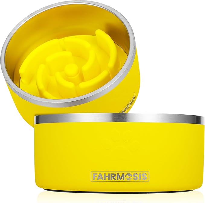 64 OZ Dog Bowl with Slow Feeder Insert Stainless Steel Pet Water Bowl for Medium & Large Breed Non Slip Rubber Base & Plastic Puzzle Feeder - Yellow