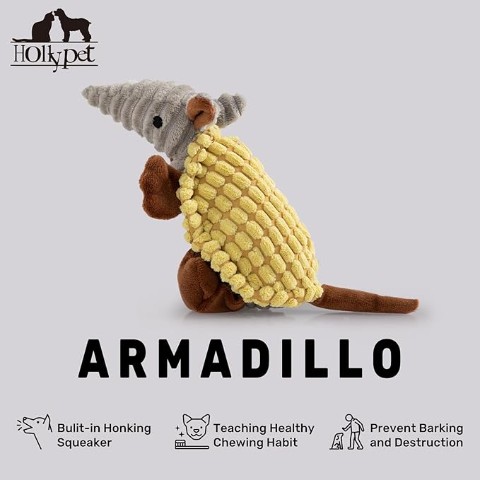 Hollypet Plush Dog Squeaky Toy Stuffed Armadillo Animal Pet Puppy Chew Toys with Clean Teeth for Small Medium Large All Breed Sizes Dogs, Yellow, 8 in
