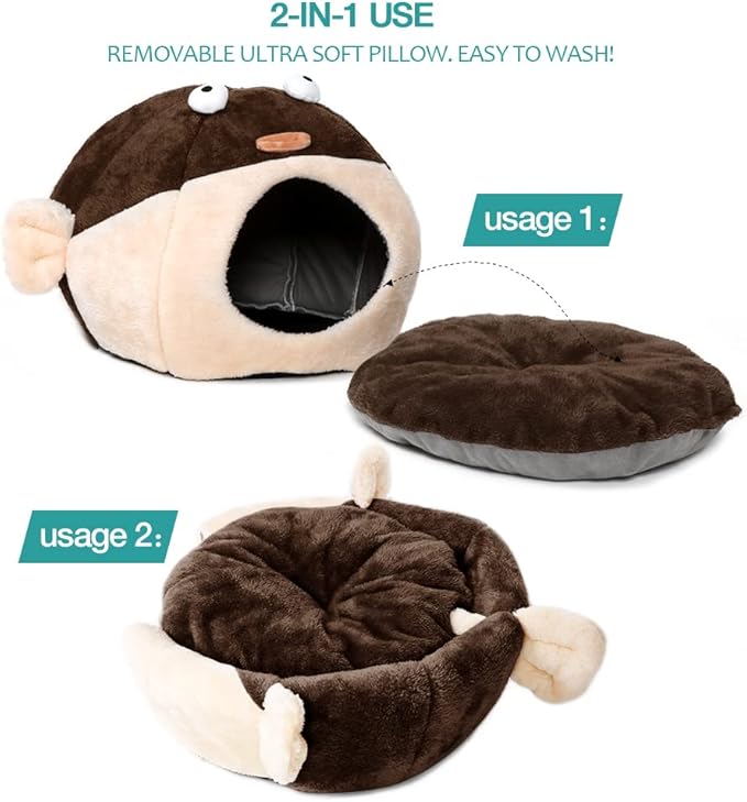 Cat Beds for Indoor Cats - Cat Bed Cave with Removable Washable Cushioned Pillow, Soft Plush Premium Cotton No Deformation Pet Bed, Lively Pufferfish Cat House Design, Brown, Multiple Sizes(S)