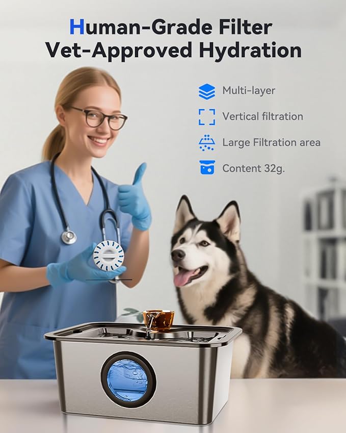 Dog Water Fountain for Large Dogs, 12L Stainless Steel 304 Pet Water Fountain, Cat Drinking Dispenser, Size:13.5 * 10.6 * 7inches, Smart Quiet Pump and Easy to Clean