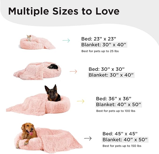 Best Friends by Sheri Bundle Set The Original Calming Shag Donut Cuddler Cat and Dog Bed + Pet Throw Blanket Cotton Candy Pink Extra Large 45" x 45"