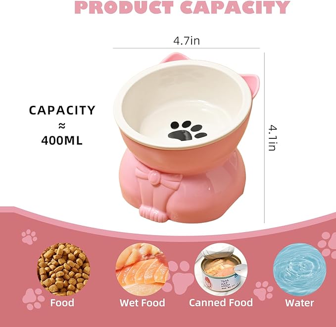 Ceramic Raised Cat Bowl - 5 Inch Tilted Design for Indoor Cats, Anti-Vomiting & Whisker Fatigue Relief, Non-Slip Base, Pink