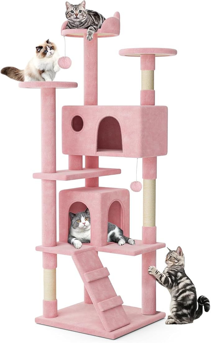MoNiBloom 77 Inch Cat Tree Tower for Indoor Cats Large Adults, Tall Cat Tower with Scratching Post, Multi-Level Furniture Activity Center with Cat Condo Pet Play House, Soft Pink