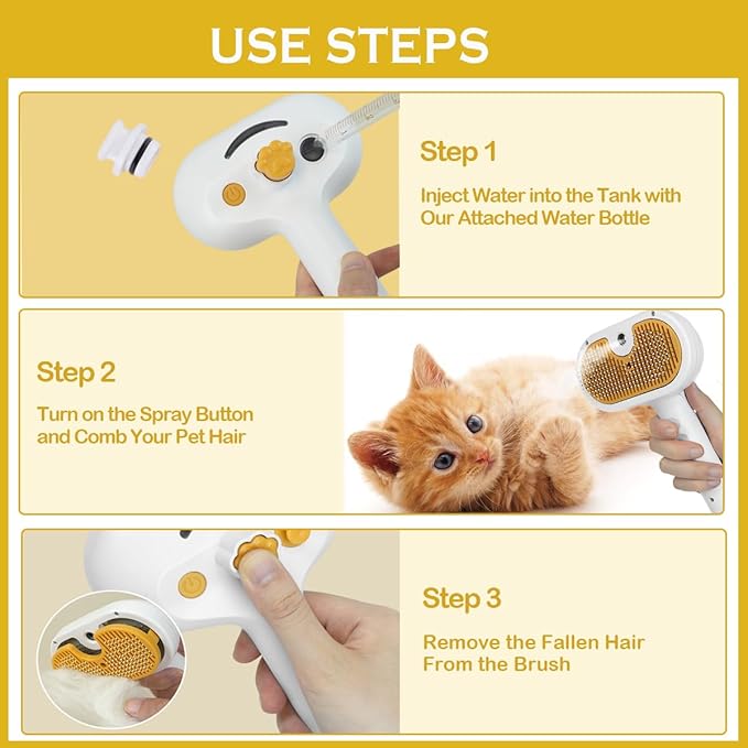 3-1 Cat Steam Brush for Shedding, Steamy Grooming Brush for Long & Short Hair Cats & Dogs, Self-Cleaning Pet Hair Removal Comb with Water Tank Dog