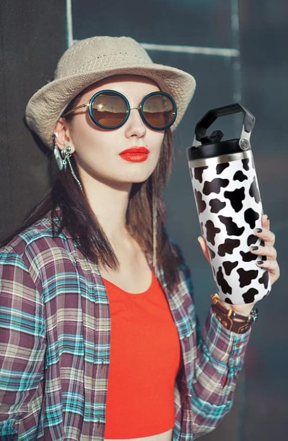 30oz Cow Print Tumbler with Handle and Straw, Stainless Steel Vacuum Insulated Coffee Tumbler, Travel Mug Water Bottle, Cow Stuff Accessories Decor, Cow Gifts for Women