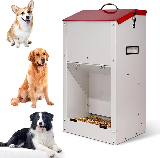 Large Automatic Dogs Feeder with Handle, 25 Lbs Indoor and Outdoor Gravity Dog Food Dispenser Container for Large Breed, 11.5'' L X 9.8'' W X 23'' H Hanging Auto Feeder