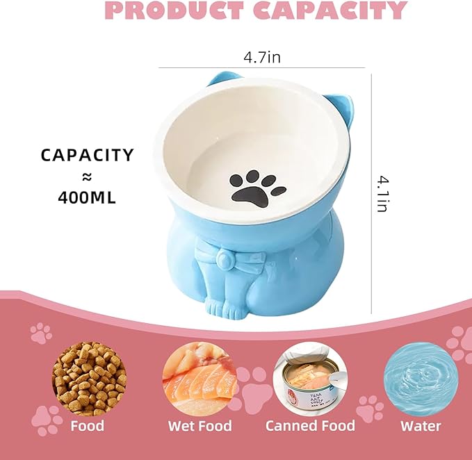 Ceramic Raised Cat Bowl 5 Inch - Tilted Anti-Vomiting & Whisker Fatigue Relief for Indoor Cats, Elevated Food Bowl for Small Dogs & Kittens, Blue