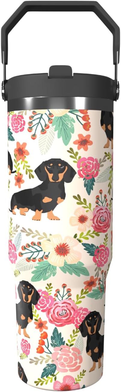 Dog Floral 30oz Tumbler with Top Handle Lid and Straw Insulated Water Bottle Travel Mug for Car Cup Office Coffe Mugs for Boy Girl Drink Hot and Cold (flowers)
