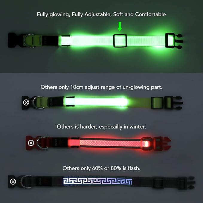 LED Dog Collar - Adjustable, Rechargeable, Waterproof, Glow in Dark for Medium Large Dogs