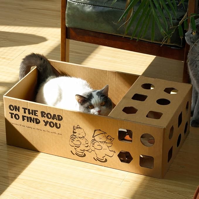 3-in-1 Multi-Functional Cardboard Cat Scratcher Box with Double-Sided Scratch Pad and Interactive Toy Assortment - Includes Refillable Pads and Treat Puzzle Box - Ideal for Indoor Cats
