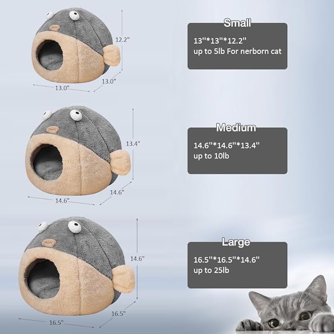 Cat Beds for Indoor Cats - Cat Bed Cave with Removable Washable Cushioned Pillow, Soft Plush Premium Cotton No Deformation Pet Bed, Lively Pufferfish Cat House Design, Grey, Multiple Sizes(S)