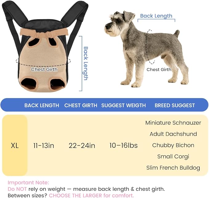 Dog Backpack Carrier, Pet Sling Front Backpack for Small Medium Dogs 10-16 Lbs, Legs Out, Adjustable Wearable Puppy Chest Travel Bag, Thick Straps & Cushion, Easy-Fit for Hiking/Walking/Camping