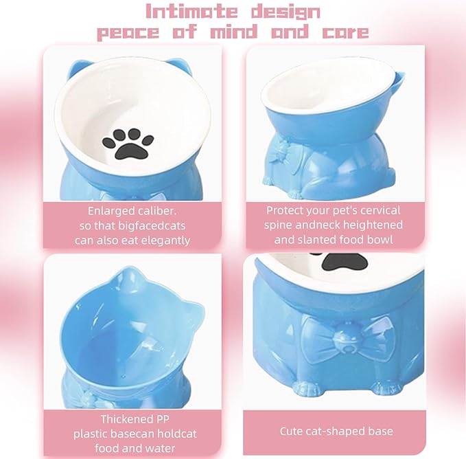Ceramic Raised Cat Bowl 5 Inch - Tilted Anti-Vomiting & Whisker Fatigue Relief for Indoor Cats, Elevated Food Bowl for Small Dogs & Kittens, Blue
