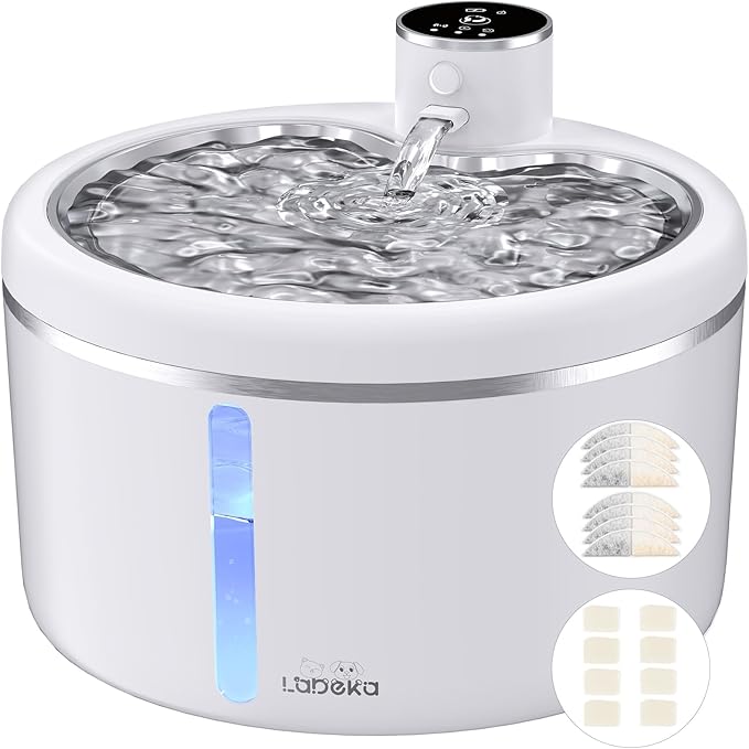 Wireless Cat Water Fountain with Stainless Steel Tray, Battery Operated Cat Fountain - 102oz/3L Automatic Pet Water Dispenser, Easy Clean with Motion Sensor for Cats, Dogs-8Filters