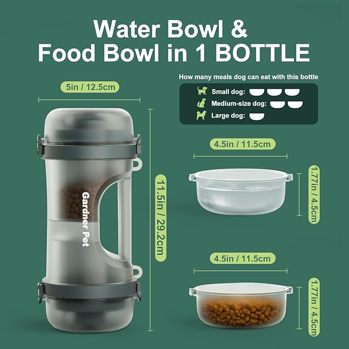 Gardner Pet Portable Dog Water Bottle&Food Container (49.6oz) – Leakproof Travel Water Bottle for Medium/Large Dogs (30+ lbs) Hiking, Camping, Beach – 2 Collapsible Bowls & Shoulder Strap (Grey)