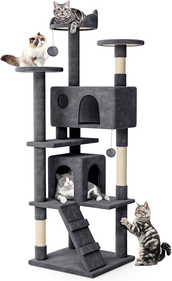 MoNiBloom Cat Tree, 77 Inch Cat Tree Tower with 2 Condo, Tall Cat Tower with Scratching Post, Cat Climbing Tower, Cat Tree for Indoor Cats, Smoky Grey