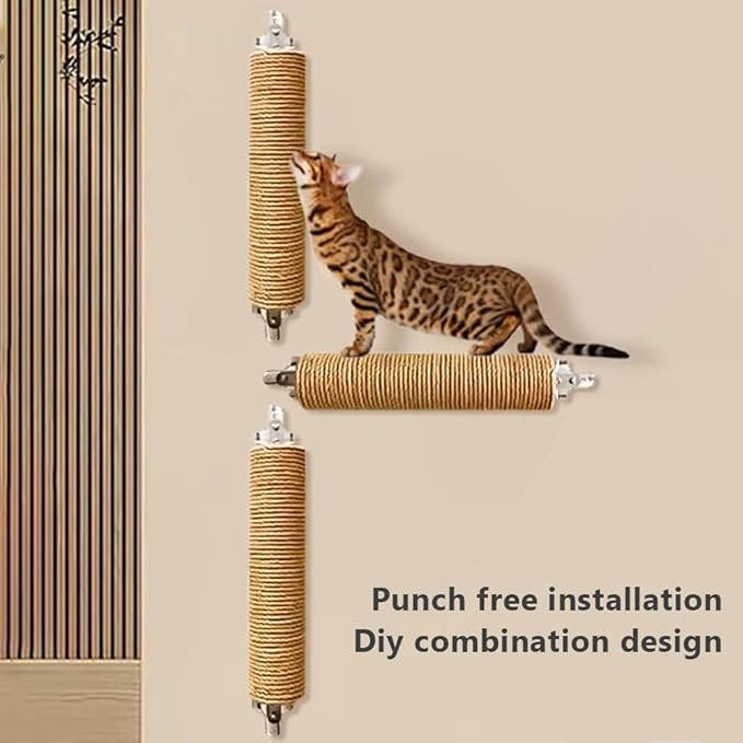 La La Pet® 3 Pack Punch Free Glass Wall Mount Cat Scratching Post Sisal Cat Scratcher Post Cat Wall Climbing Scratcher Cat Wall Furniture Cat Claw Scratcher for Indoor
