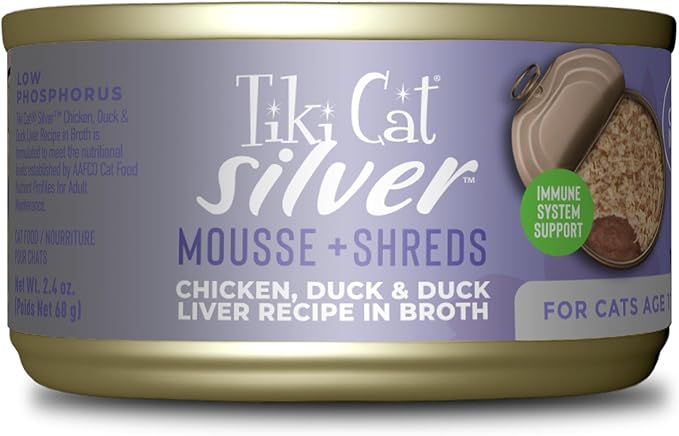 Tiki Cat Silver Comfort Mousse + Shreds, Chicken & Duck and Duck Liver, Immune System Support Formulated for Older Cats Aged 11+, Senior Wet Cat Food, 2.4 oz Cans (Pack of 12)