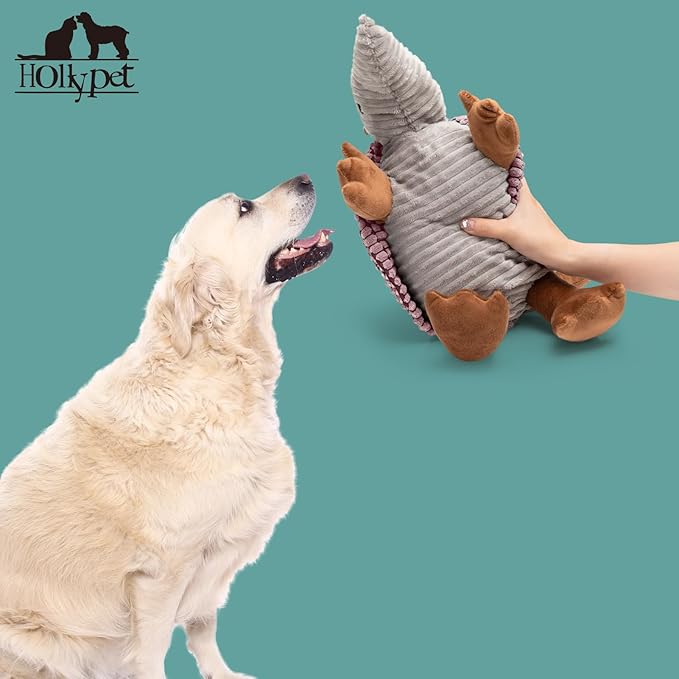 Hollypet Plush Dog Squeaky Toy Stuffed Armadillo Animal Pet Puppy Chew Toys with Clean Teeth for Small Medium Large All Breed Sizes Dogs, Pink, 14 in