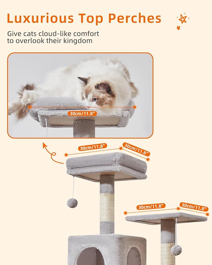Taoqimiao Cat Tree, 61-Inch Cat Tower for Indoor Cats, Plush Multi-Level Cat Condo with 5 Scratching Posts, 2 Perches, 2 Caves, Hammock, 2 Pompoms, Light Gray MS013SW