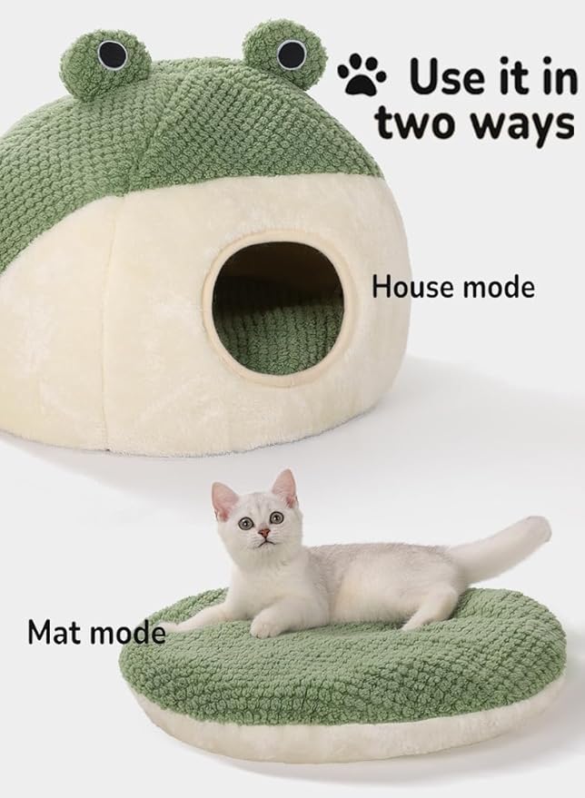 Cute Frog Cat Bed with Removable Cushion Pillow, Fluffy Frogs Style Cat Cave House Green, Sleeping Bag Pet Tent for Cats and Small Dogs