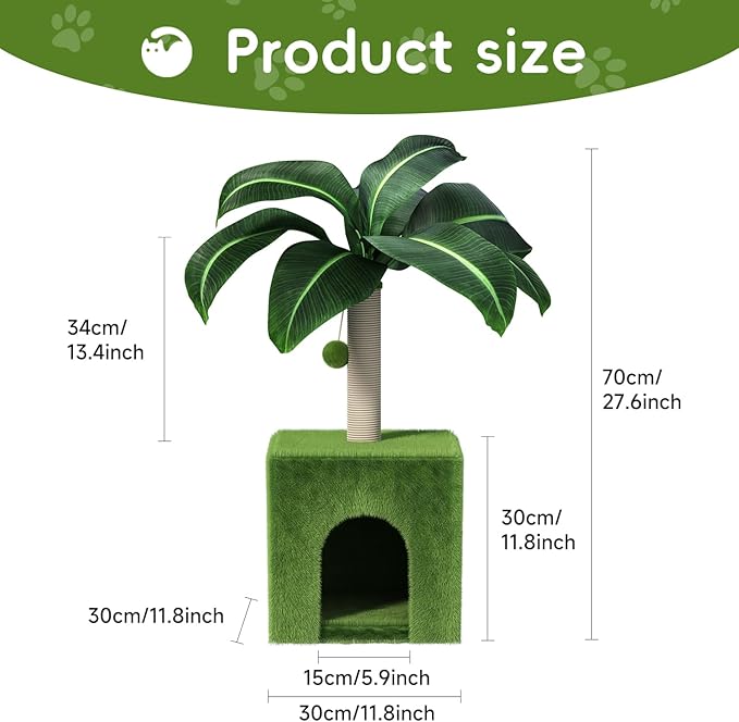 Cat Scratching Post with Condo, Palm Cat Tree Tower Natural Sisal Cat Scratcher Cat Bed Cat Furniture for Kittens and Cats