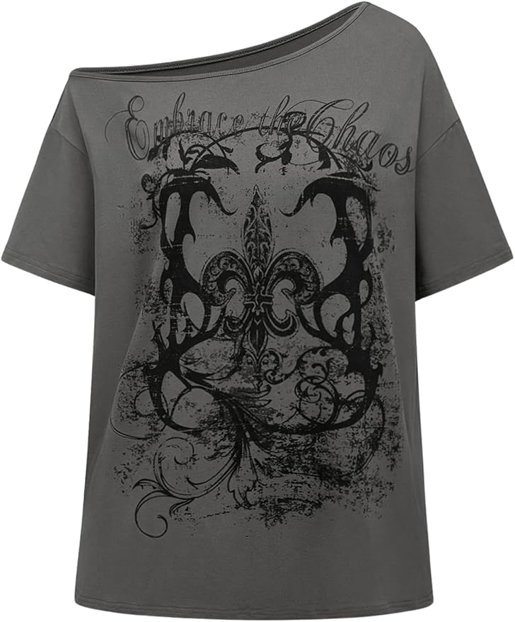 SOLY HUX Women's Off The Shoulder Tops Graphic Tees Y2k Vintage Gothic Oversized T Shirts Streetwear