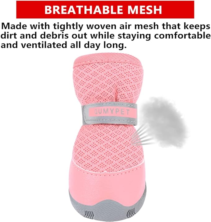 QUMY 4PCS Dog Shoes for Small Dogs, Hot Pavement Summer Puppy Dog Boots & Paw Protectors with Soft Anti-Slip Rubber Sole, Mesh Breathable Dog Booties for Hardfloors, Walking Running Pink Size 2