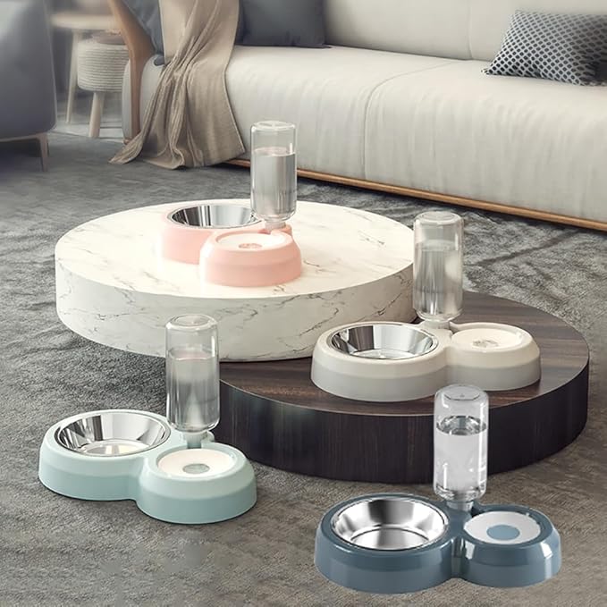 Dog Bowls, Puppy Cat Food and Water Bowl Set with Water Dispenser and Stainless Steel Bowl Non-Slip Mat, Detachable Gravity Pet Feeder and Waterer Set for Cats Dogs Puppy Rabbit (Pink)
