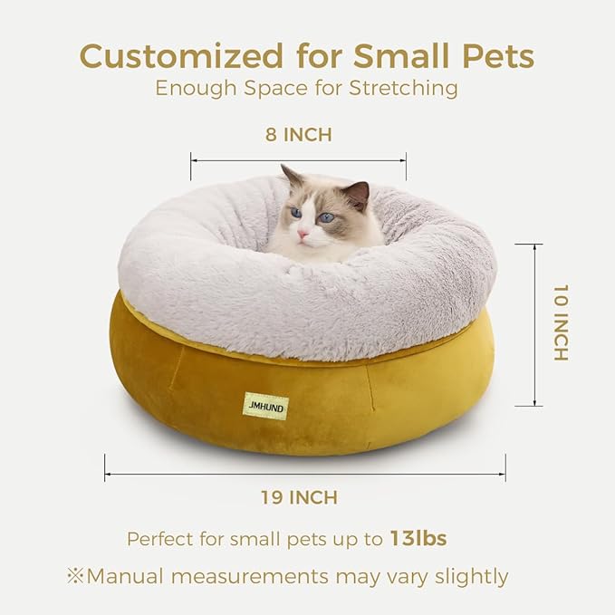 Cat Bed for Indoor Cats,Round Cat Bed for Small Pets,Washable Pet Bed with Non-Skid Bottom,Pet Bed for Puppy and Kitty,19 Inches,Yellow