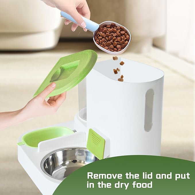 Automatic Cat Food and Water Dispenser Set 2 in 1,All-in-One Gravity Pet Feeder with Stainless Steel Cat Food Bowl Travel Auto Supply Feeder and Water Dispenser for Small Medium Cats Dogs (Green)