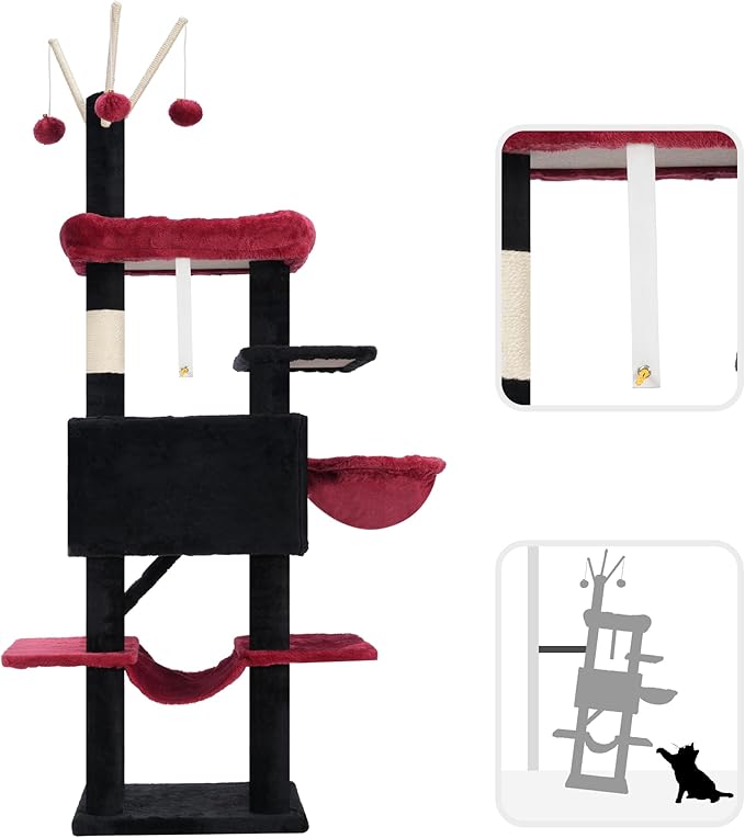Cat Tree, Multi-Level Gothic Cat Tower for Indoor Cats, Cat Condo with Cat Scratching Post and Board, Cat Hammock, Black and Red GCT011BR
