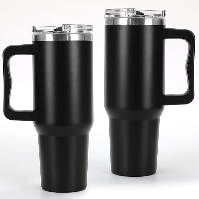 40 oz Tumbler with Handle and Straw Lid Insulated Cup Stainless Steel Water Bottle Travel Mug Gifts for Women Men Kids Trek Collection Black-1 Pc