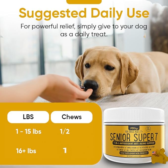 iHeartDogs Senior Super 7 Daily Dog Multivitamin - 7-in-1 Vitamin for Dogs Supports Anti-Aging with Antioxidants, Probiotics, Lion's Mane, Turkey Tail, & Ashwagandha for Longevity & Cognitive Boost