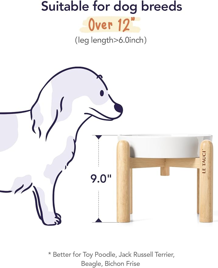 LE TAUCI Ceramic Slow Feeder Dog Bowls Elevated, 3 Cup Raised Bowl with Wooden Stand for Medium Large Breed, Slow Down Eating, Puzzle Dog Food Bowl, Angel White