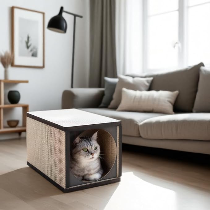 Cat Scratcher Tunnel, Cardboard cat House, Scratching Post for Indoor Cats, 360 Degree Comfort, Durable Design, Odor-Free, Easy Assembly, Perfect for Playful Kittens and Adult Cats, Espresso