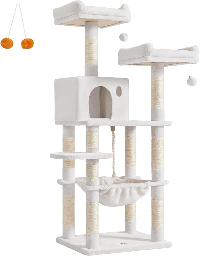 Feandrea Cat Tree, 56.3-Inch Cat Tower for Indoor Cats, Multi-Level Cat Condo with 11 Scratching Posts, 2 Perches, Cave, Hammock, Cream White UPCT015W02