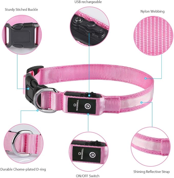 MASBRILL Light Up Dog Collar, LED Glow Collar with USB Rechargeable Lighted Bright Flashing Pink Dog Collar Waterproof for Small Medium Large Dogs, 4 Colors with 3 Sizes (S(0.98 * 15.75"), Pink)