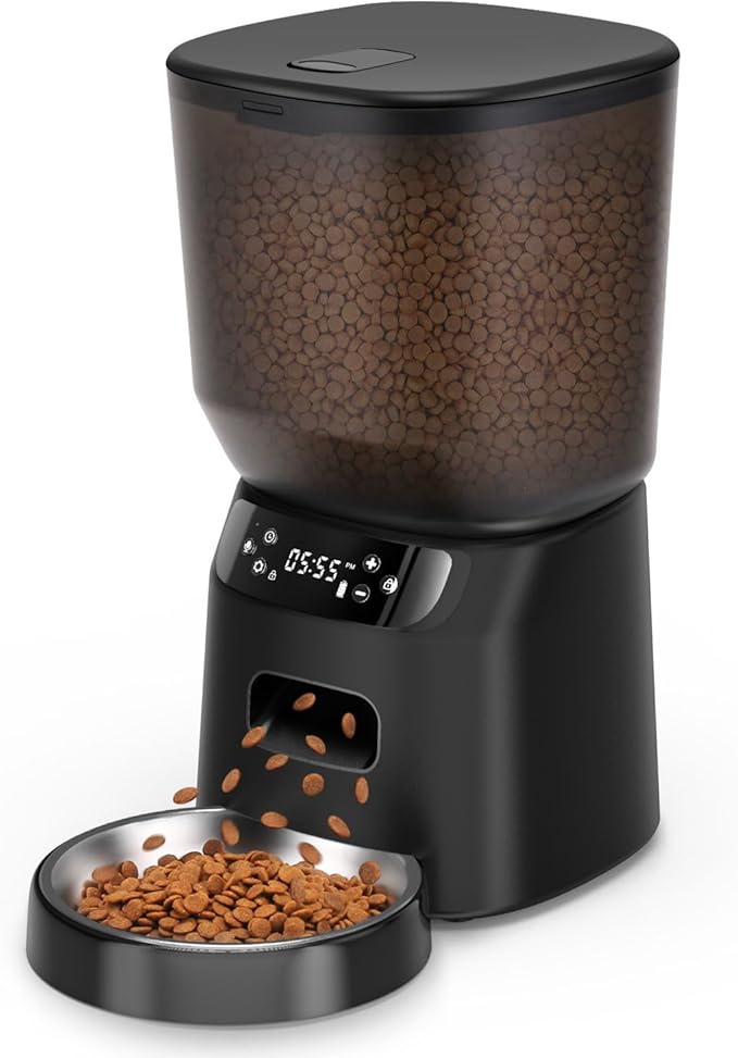 Automatic Cat Feeder, Cat Food Dispenser with Stainless Steel Bowl, Timed Portion Control 20 Portions 6 Meals Per Day, Voice Recorder, Dual Power Supply for Small Dogs (Black)